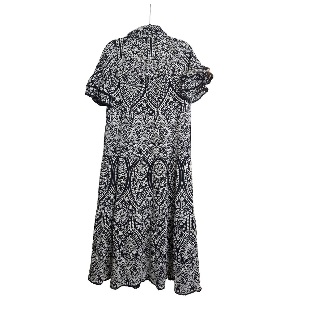 Chicos Navy Blue White Eyelet Embroidered Tiered Dress V-Neck Cotton Size 0/US 4 - Picture 3 of 5